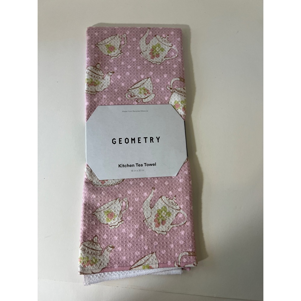 Geometry‎ Kitchen Tea Towels Tea Cups Teapots Polka Dot Pink White NWT